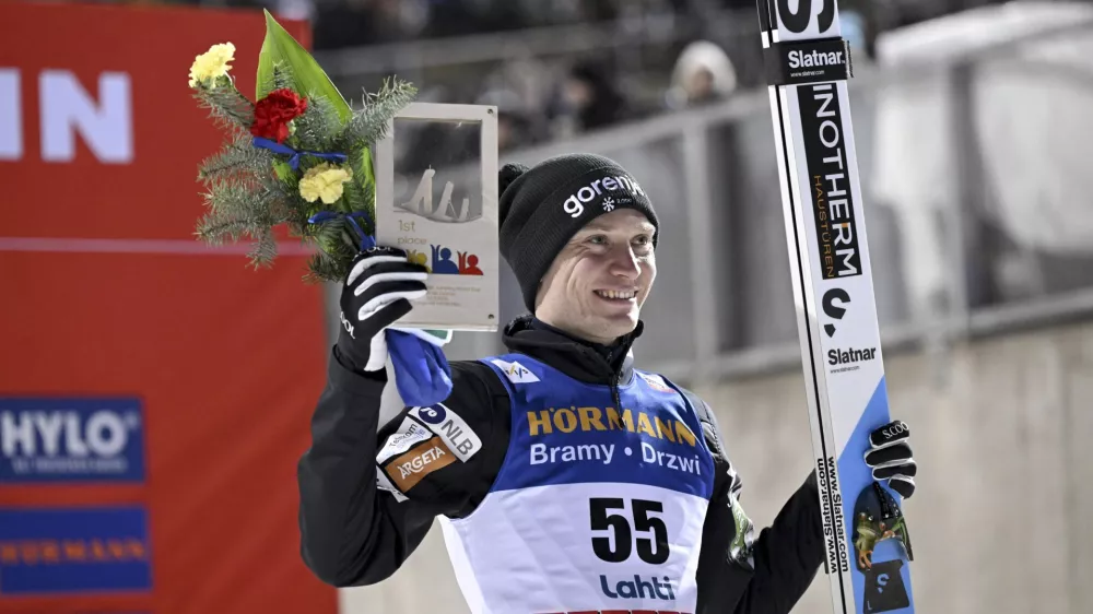 22 March 2025, Finland, Lahti: Slovenia's Anze Lanisek celebrates after winning the men's large hill ski jumping competition at the FIS Nordic World Cup in Lahti. Photo: Emmi Korhonen/Lehtikuva/AP/dpa