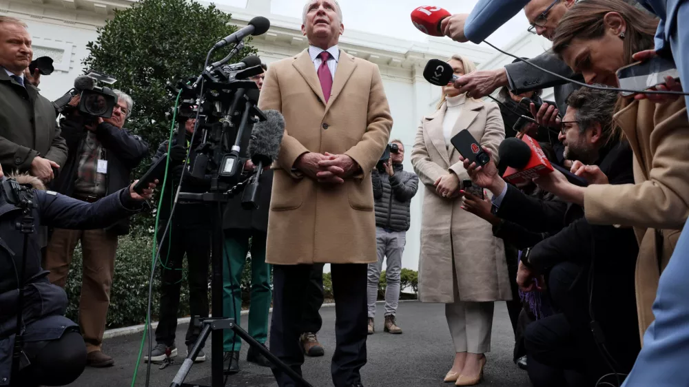 U.S. Middle East envoy Steve Witkoff speaks to members of the news media with White House press secretary Karoline Leavitt outside of the West Wing at the White House in Washington, U.S., March 6, 2025. REUTERS/Leah Millis