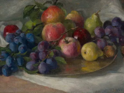 Tihožitje s slivami slikarke Ivane Kobilce. A upodobljene so pravzaprav če&scaron;plje. Foto: Narodna galerija