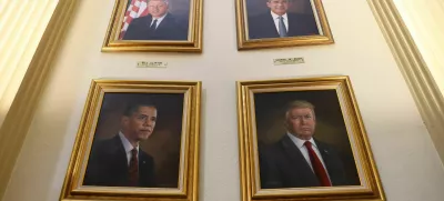 ZDA, portreti ameriških predsednikov - Billa Clintona, Georga W Busha, Baracka Obame in Donalda Trumpa. Kolorado, Denver. 