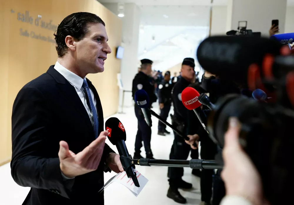 Jeremie Assous, lawyer of French actor Gerard Depardieu, speaks to the members of the media, on the day of Depardieu's trial for two sexual assaults allegedly committed on the set of the film "Les Volets Verts", at the courthouse in Paris, France, March 24, 2025. REUTERS/Benoit Tessier