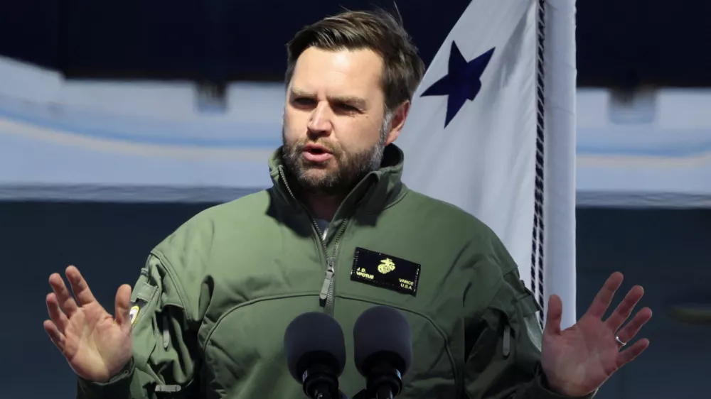 U.S. Vice President JD Vance speaks during a visit to Marine Corps Base Quantico in Quantico, Virginia, U.S., March 26, 2025. REUTERS/Kevin Lamarque