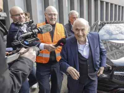 Former Fifa President, Sepp Blatter, arriving to the verdict at the special appeals court, in Muttenz, Switzerland, Tuesday, March 25, 2025. (Urs Flueeler/Keystone via AP)