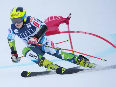 Mar 25, 2025; Sun Valley, ID, USA; Neja Dvornik of Slovenia during the first run of the women's giant slalom alpine skiing race in the 2025 FIS Ski World Cup at Sun Valley. Mandatory Credit: Michael Madrid-Imagn Images