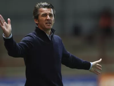 FILE - Fleetwood Town's manager Joey Barton reacts during the English League Cup third round soccer match between Fleetwood Town and Everton at the Highbury Stadium in Fleetwood, England, Wednesday, Sept. 23, 2020. (Alex Livesey/Pool via AP, File)