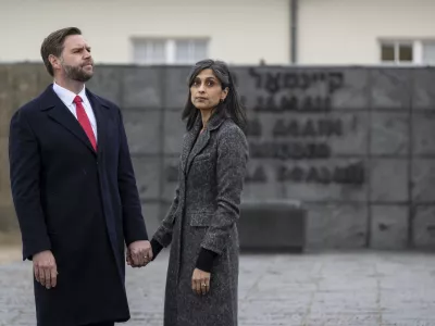 FILED - 13 February 2025, Bavaria, Munich: US Vice President J.D. Vance and his wife Usha Chilukuri Vance visit the former Dachau concentration camp in Munich. Photo: Peter Kneffel/dpa