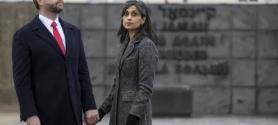 FILED - 13 February 2025, Bavaria, Munich: US Vice President J.D. Vance and his wife Usha Chilukuri Vance visit the former Dachau concentration camp in Munich. Photo: Peter Kneffel/dpa