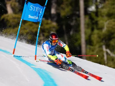 Mar 26, 2025; Sun Valley, ID, USA; Zan Kranjec of Slovenia during the first run of the men's giant slalom alpine skiing race in the 2025 FIS Ski World Cup at Sun Valley. Mandatory Credit: Christopher Creveling-Imagn Images