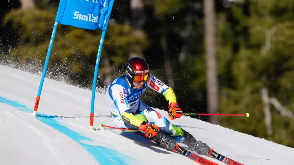 Mar 26, 2025; Sun Valley, ID, USA; Zan Kranjec of Slovenia during the first run of the men's giant slalom alpine skiing race in the 2025 FIS Ski World Cup at Sun Valley. Mandatory Credit: Christopher Creveling-Imagn Images