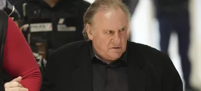 Actor Gerard Depardieu arrives at his trial for the alleged sexual assaults of two women on a film set in 2021, Thursday, March 27, 2025 in Paris. (AP Photo/Aurelien Morissard)