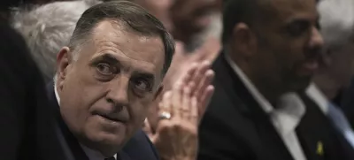 Bosnian Serb President Milorad Dodik, left, attends the International Conference on Combating Antisemitism, in Jerusalem, Thursday, March 27, 2025. (AP Photo/Leo Correa)