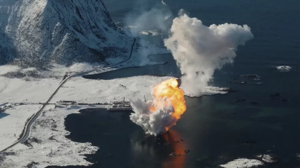 In this photo taken from video provided by Isar Aerospace, Photo Wingmen Media, Isar Aerospace test rocket "Spectrum" explodes felling back down after the launch at Andoya Spaceport in Nordmela, on And&oslash;ya island, Norway, Sunday, March 30, 2025. (Isar Aerospace, Photo Wingmen Media via AP)