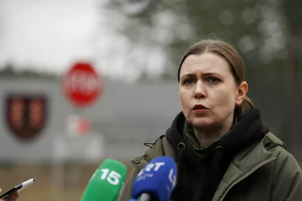 Lithuanian Defence Minister Dovile Sakaliene speaks to media at Pabrade training ground, where a U.S. military vehicle has gone missing, in Lithuania, March 27, 2025. REUTERS/Janis Laizans