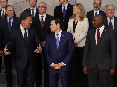 NATO Secretary General Mark Rutte, U.S. Secretary of State Marco Rubio and British Foreign Secretary David Lammy stand in the first row on the day they pose for a family photo with NATO foreign ministers on the day of a meeting at the alliance's headquarters in Brussels, Belgium April 3, 2025. REUTERS/Yves Herman