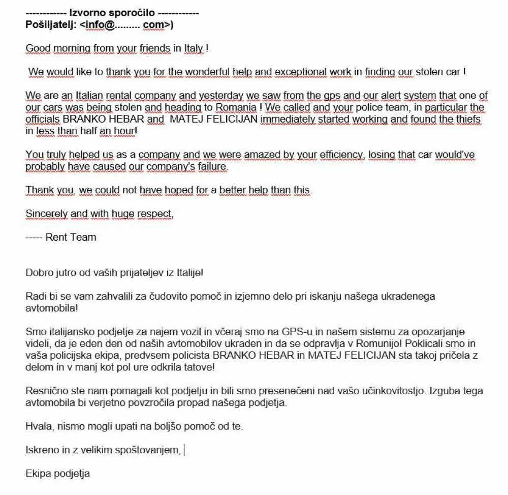 Zahvala celjskima policistoma, ki sta na&scaron;la ukraden avto. 