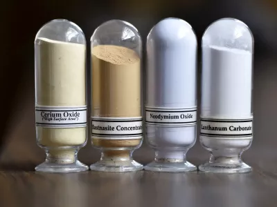 FILE PHOTO: Samples of rare earth minerals from left, Cerium oxide, Bastnasite, Neodymium oxide and Lanthanum carbonate are on display during a tour of Molycorp's Mountain Pass Rare Earth facility in Mountain Pass, California June 29, 2015. REUTERS/David Becker//File Photo