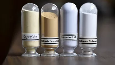 FILE PHOTO: Samples of rare earth minerals from left, Cerium oxide, Bastnasite, Neodymium oxide and Lanthanum carbonate are on display during a tour of Molycorp's Mountain Pass Rare Earth facility in Mountain Pass, California June 29, 2015. REUTERS/David Becker//File Photo