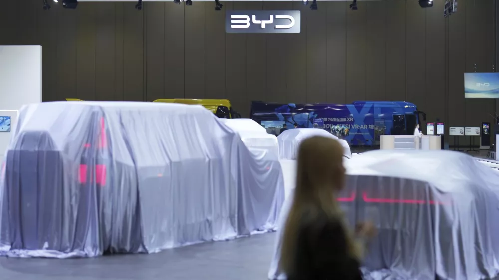 Veiled cars are seen at BYD booth during the media day at the Seoul Mobility Show in Goyang, South Korea, Thursday, April 3, 2025. (AP Photo/Lee Jin-man)