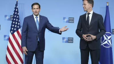 U.S. Secretary of State Marco Rubio, left, meets with NATO Secretary General Mark Rutte on the sidelines of a NATO foreign ministers meeting at NATO headquarters in Brussels, Thursday, April 3, 2025. (AP Photo/Jacquelyn Martin, Pool)