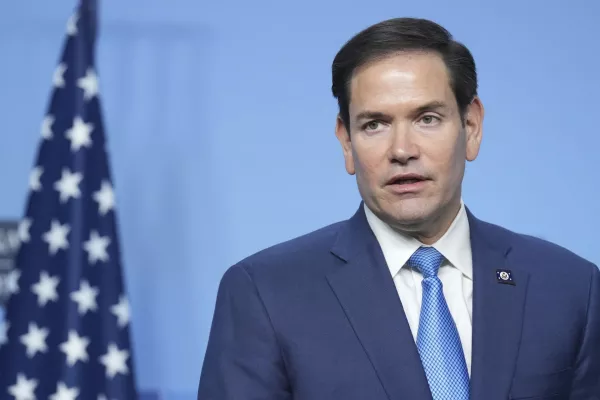 U.S. Secretary of State Marco Rubio makes statements during his meeting with NATO Secretary General Mark Rutte on the sidelines of a NATO foreign ministers meeting at NATO headquarters in Brussels, Thursday, April 3, 2025. (AP Photo/Jacquelyn Martin, Pool)