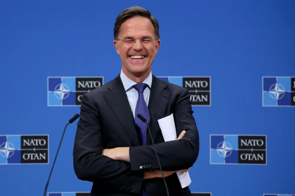 NATO Secretary General Mark Rutte holds a press conference ahead of a foreign ministers' meeting, in Brussels, Belgium April 2, 2025. REUTERS/Yves Herman