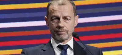UEFA President Aleksander Ceferinsits on the podium during the 49th UEFA congress in Belgrade, Serbia, Thursday, April 3, 2025. (AP Photo/Darko Vojinovic)