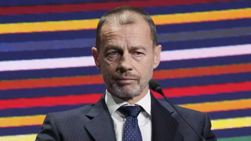 UEFA President Aleksander Ceferinsits on the podium during the 49th UEFA congress in Belgrade, Serbia, Thursday, April 3, 2025. (AP Photo/Darko Vojinovic)