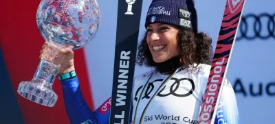 FILE PHOTO: Mar 27, 2025; Sun Valley, ID, USA; World Cup overall points winner Federica Brignone of Italy celebrates with the crystal globe after the 2025 FIS Ski World Cup at Sun Valley. Mandatory Credit: Christopher Creveling-Imagn Images/File Photo