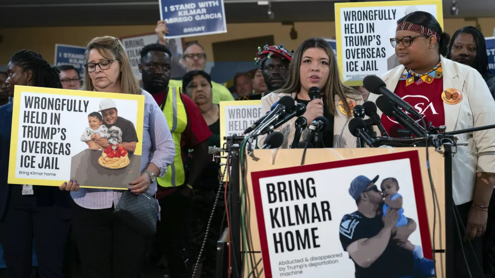 Jennifer Vasquez Sura, the wife of Kilmar Abrego Garcia of Maryland, who was mistakenly deported to El Salvador, speaks during a news conference at CASA's Multicultural Center in Hyattsville, Md., Friday, April 4, 2025. (AP Photo/Jose Luis Magana)