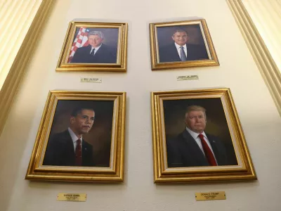 ZDA, portreti ameri&scaron;kih predsednikov - Billa Clintona, Georga W Busha, Baracka Obame in Donalda Trumpa. Kolorado, Denver. 