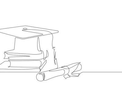 stacked of books school elements in graduation congratulation composition in continuous line drawing vector illustration / Foto: Issarajarukitjaroon