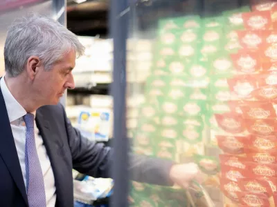 French businessman and Lactalis CEO Emmanuel Besnier visits a supermarket in Belo Horizonte, state of Minas Gerais, Brazil, on April 16, 2024. Dairy giant Lactalis saw its sales rise again in 2023 despite "the erosion of global markets,"&nbsp; and its net profit rebounded by 11% to 428 million euros.,Image: 865710177, License: Rights-managed, Restrictions:, Model Release: no / Foto: Profimedia