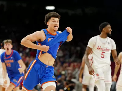 Apr 7, 2025; San Antonio, TX, USA; Florida Gators guard Walter Clayton Jr. (1) celebrates after winning the national championship game of the Final Four of the 2025 NCAA Tournament at the Alamodome. Mandatory Credit: Bob Donnan-Imagn Images