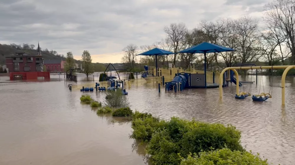 A playground is partially submerged in flood waters in an area in Cincinnati, Ohio, U.S. April 7, 2025 in this screengrab obtained from a social media video. Darin Bentley/ "@bentleydarin8" via X/via REUTERS THIS IMAGE HAS BEEN SUPPLIED BY A THIRD PARTY. MANDATORY CREDIT. NO RESALES. NO ARCHIVES.