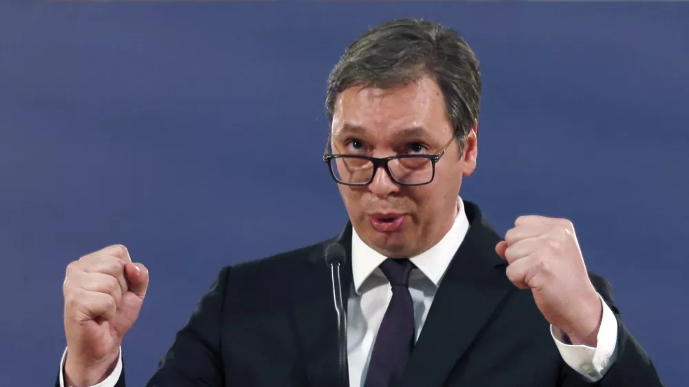 Serbia's President Aleksandar Vucic speaks during a press conference in Belgrade, Serbia, Sunday, March 17, 2019. Vucic has pledged to defend the country's law and order a day after opposition supporters stormed the national TV station protesting what they say is his autocratic rule. (AP Photo/Darko Vojinovic)