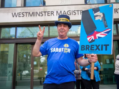 April 14, 2025, London, England, United Kingdom: Anti-Brexit protester STEVE BRAY isseenoutside Westminster Magistrates' Court in London, after being cleared of flouting a police ban on playing anti-Conservative and anti-Brexit music through speakers outside Parliament in March last year. (Credit Image: &copy; Tayfun Salci/ZUMA Press Wire)