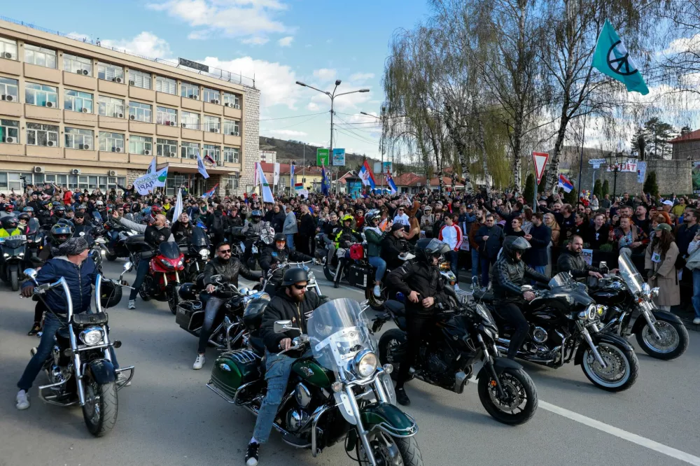 Serbian bikers attend a protest, which has become a national movement for change following the deadly November 2024 Novi Sad railway station roof collapse, in Novi Pazar, Serbia April 12, 2025. REUTERS/Samir Delic