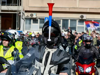 Serbian bikers attend a protest, which has become a national movement for change following the deadly November 2024 Novi Sad railway station roof collapse, in Novi Pazar, Serbia April 12, 2025. REUTERS/Samir Delic