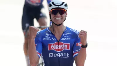 Cycling - Paris-Roubaix - Roubaix, France - April 9, 2023 Alpecin-Deceuninck's Mathieu Van Der Poel celebrates as he crosses the finish line to win the race REUTERS/Pascal Rossignol