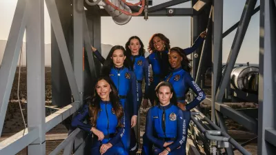 The all-woman crew for Blue Origin's upcoming flight into space includes, clockwise from top left: Katy Perry, Gayle King, Aisha Bowe, Kerianne Flynn, Lauren S&aacute;nchez and Amanda Nguyen, on the bridge of Blue Origin's Launch Site One outside of Van Horn, Texas on April 11, 2025. S&aacute;nchez teamed up with Monse to redesign the Blue Origin flight suits with its all-female launch in mind.,Image: 987387496, License: Rights-managed, Restrictions:, Model Release: no