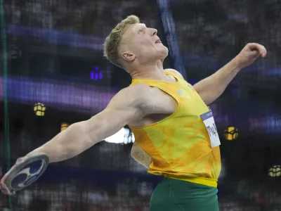 FILE - Mykolas Alekna, of Lithuania, competes in the 2024 Summer Olympics, Wednesday, Aug. 7, 2024, in Saint-Denis, France. (AP Photo/Bernat Armangue, File)