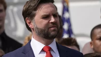 Vice President JD Vance watches as President Donald Trump welcomes the 2025 College Football National Champions, the Ohio State University football team, on the South Lawn of the White House, Monday, April 14, 2025, in Washington. (AP Photo/Alex Brandon)