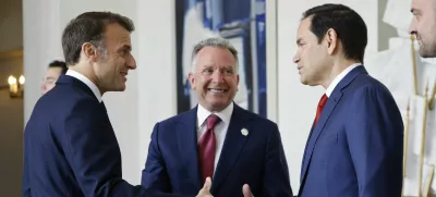 French President Emmanuel Macron, left, welcomes US Special Envoy Steve Witkoff, center, and US Secretary of State Marco Rubio for a meeting at the Elysee Palace in Paris, Thursday April 17, 2025. (Ludovic Marin, Pool Photo via AP)