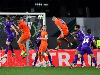 Soccer Football - Conference League - Quarter Final - Second Leg - Fiorentina v Celje - Stadio Artemio Franchi, Florence, Italy - April 17, 2025 Celje's Klemen Nemanic scores their second goal REUTERS/Jennifer Lorenzini