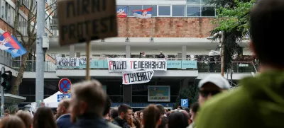 Students block access to the state broadcaster Radio Television of Serbia (RTS), demanding fair and unbiased reporting, in Belgrade, Serbia, April 15, 2025. REUTERS/Zorana Jevtic