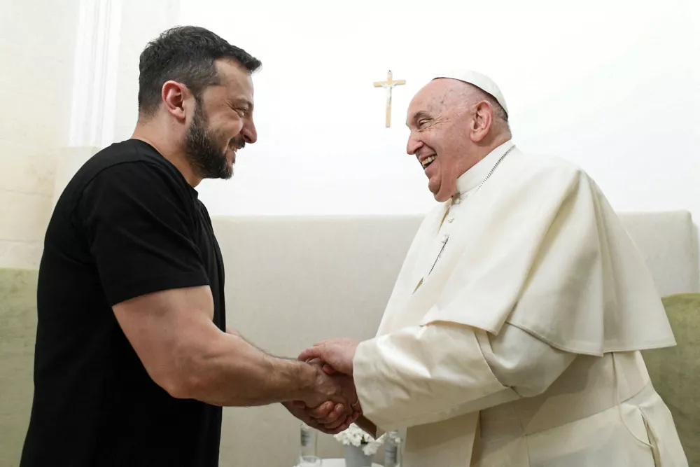 File photo - Pope Francis meets Ukraine's President Volodymyr Zelensky at G7 summit at the Borgo Egnazia resort in Savelletri di Fasano, Italy on June 14, 2024. Pope Francis joins international leaders at the second day of the G7 summit in the Puglia, making him the first pontiff to take part in such an event. He is due to speak at an AI session, and on the Ukraine and Gaza wars. -- Pope Francis died on Easter Monday, April 21, 2025, at the age of 88 at his residence in the Vatican's Casa Santa Marta. Photo by: (EV) Vatican Media /ABACAPRESS.COM (Photo by ABACA / ipa-agency.net/IPA/Sipa USA)No Use United Kingdom. No Use Italy.