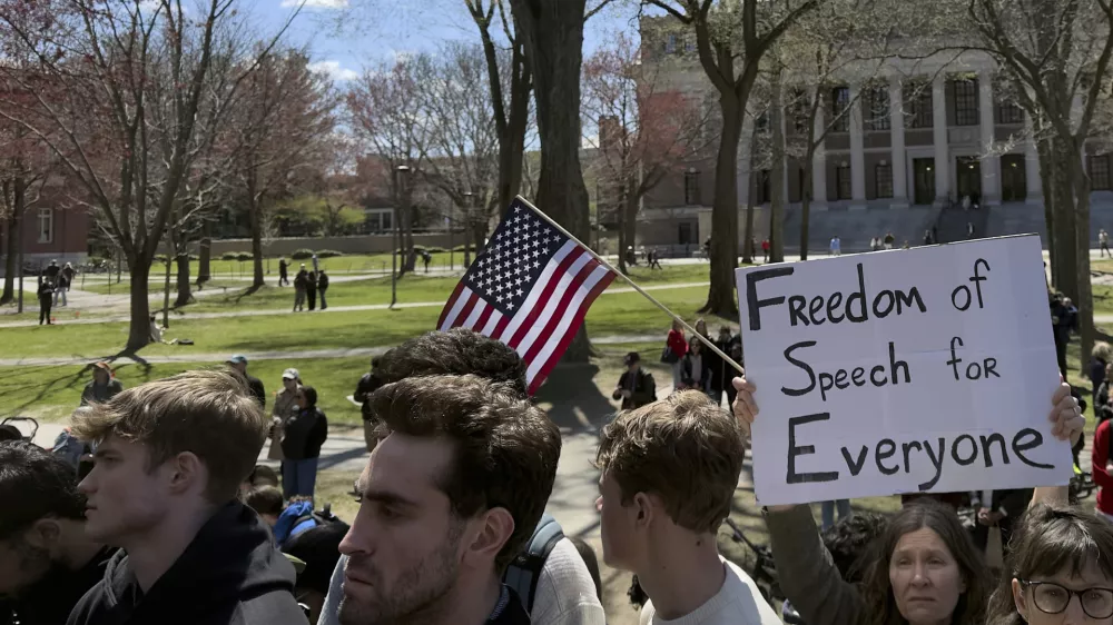 Students, faculty and members of the Harvard University community rally, Thursday, April 17, 2025, in Cambridge, Mass. (AP Photo)