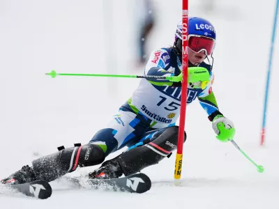 Mar 27, 2025; Sun Valley, ID, USA; Andreja Slokar of Slovenia during the second run of the slalom alpine skiing race in the 2025 FIS Ski World Cup at Sun Valley. Mandatory Credit: Christopher Creveling-Imagn Images