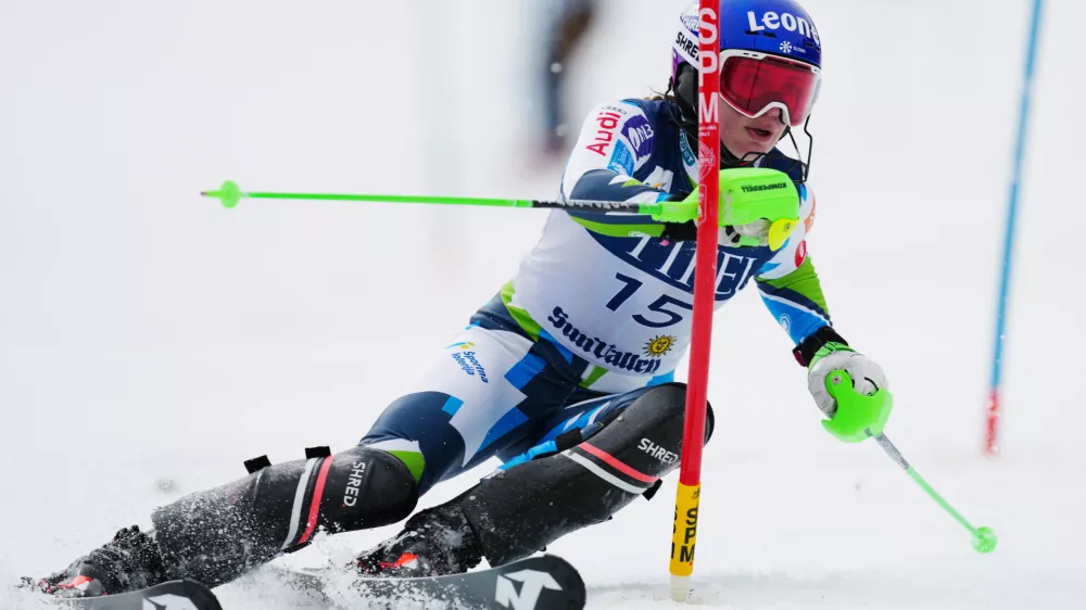 Mar 27, 2025; Sun Valley, ID, USA; Andreja Slokar of Slovenia during the second run of the slalom alpine skiing race in the 2025 FIS Ski World Cup at Sun Valley. Mandatory Credit: Christopher Creveling-Imagn Images
