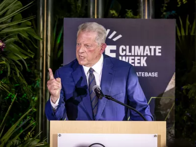 Former Vice President Al Gore speaks at the opening reception for San Francisco Climate Week at The Exploratorium in San Francisco Monday, April 21, 2025. (Carlos Avila Gonzalez/San Francisco Chronicle via AP)